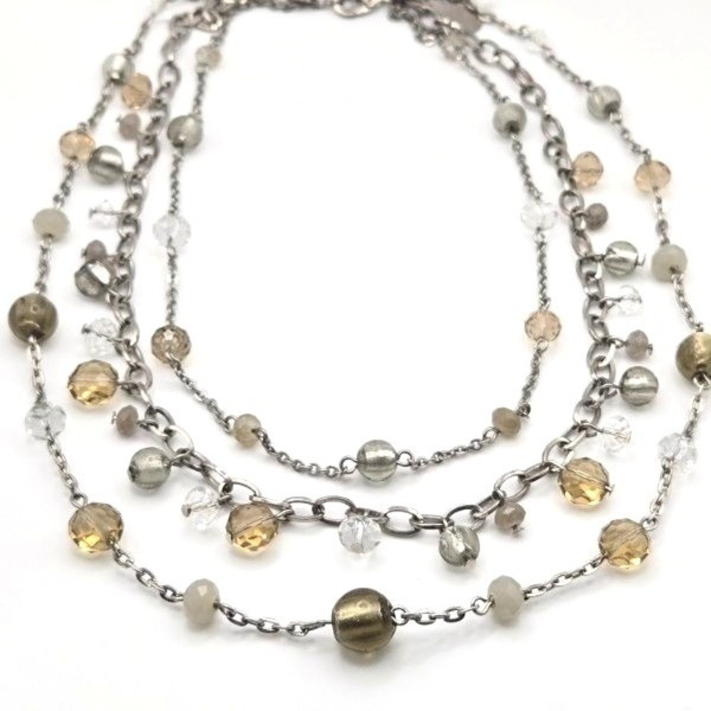 White House Black Market 3-Strand Layered Glass Beaded Necklace Silver Tone